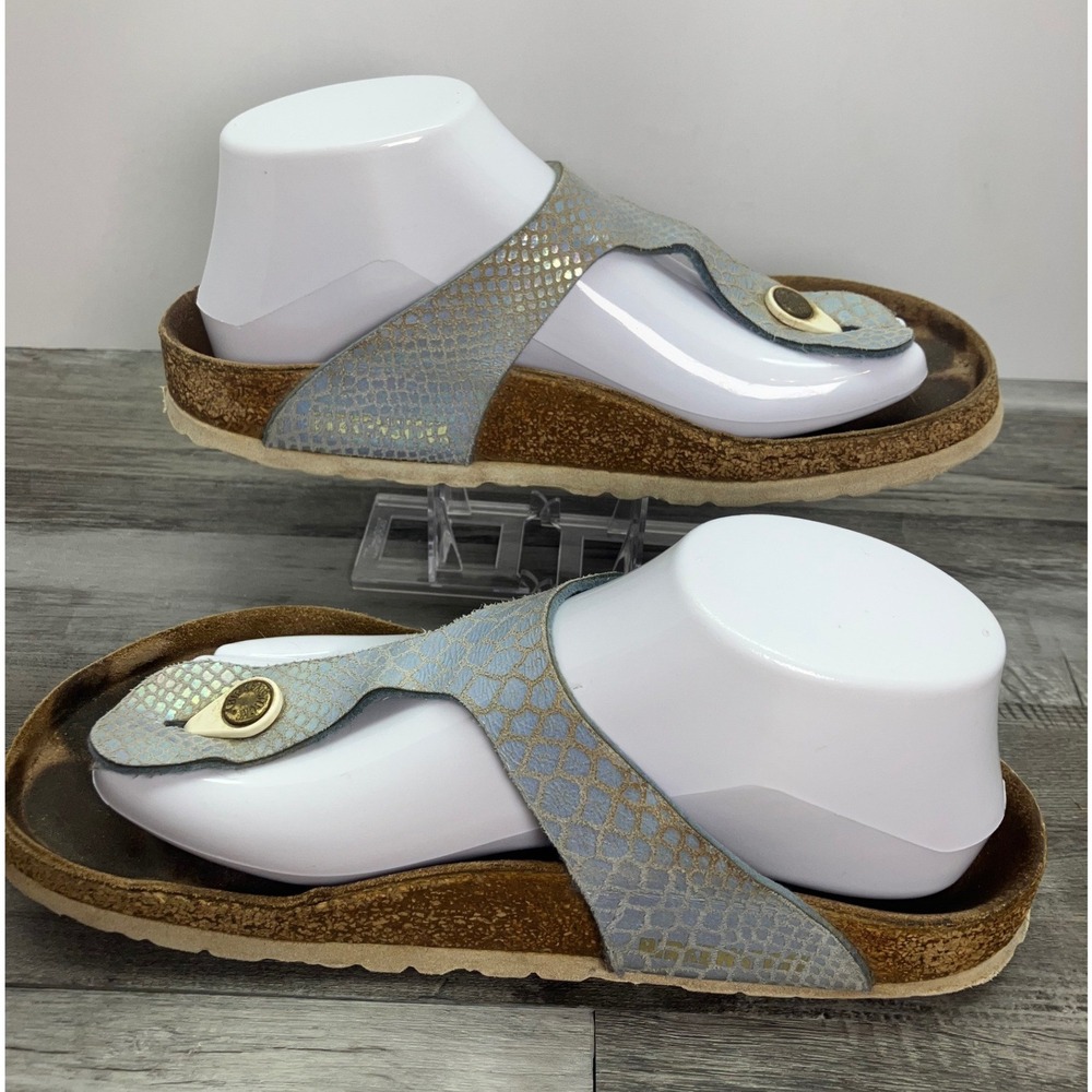 Birkenstock Gizeh Blue Snakeskin Iridescent Leather Sandals EU 38 US 7 Womens